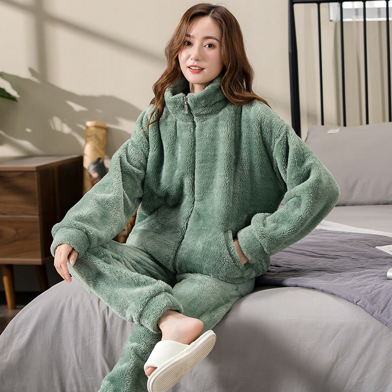 秋冬睡衣女款长袖珊瑚绒加厚加绒法兰绒可外穿冬季保暖家居服套装