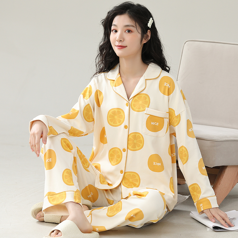 纯棉秋季女士睡衣春秋款长袖长裤女款开衫翻领全棉休闲家居服套装