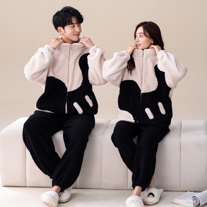 情侣家居服冬季珊瑚绒加厚加绒保暖长袖开衫拉链宽松休闲睡衣套装