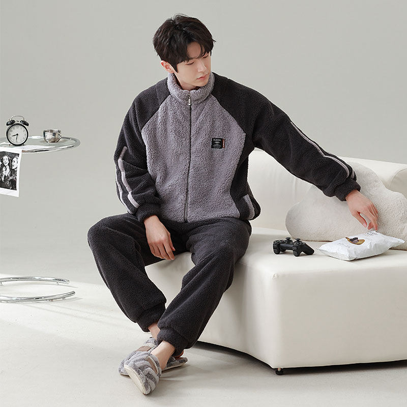 珊瑚绒睡衣男冬季加厚保暖立领拉链灰色家居服套装可外穿加绒男款
