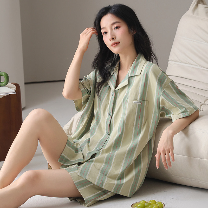 夏季新款条纹睡衣女款纯棉开衫短袖短裤中年妈妈可外穿家居服套装