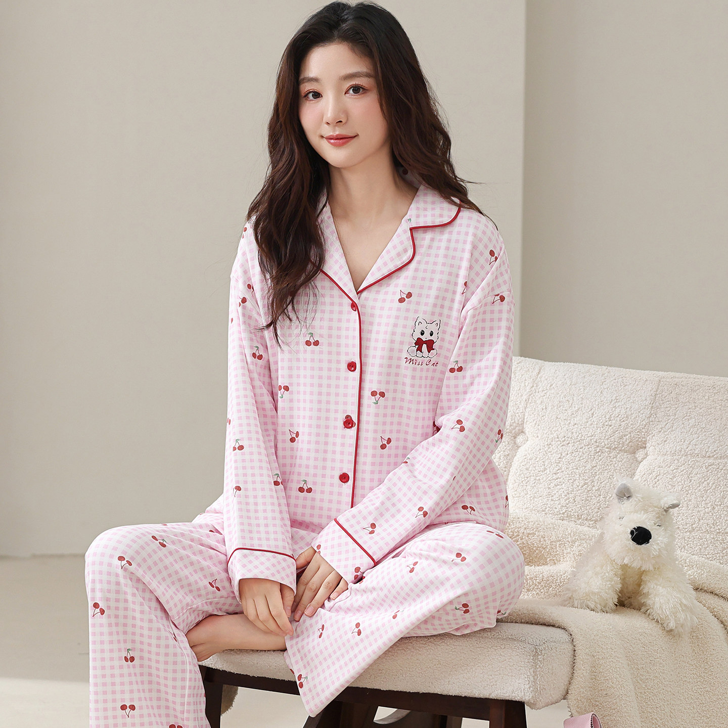 秋季纯棉女长袖长裤卡通睡衣大码