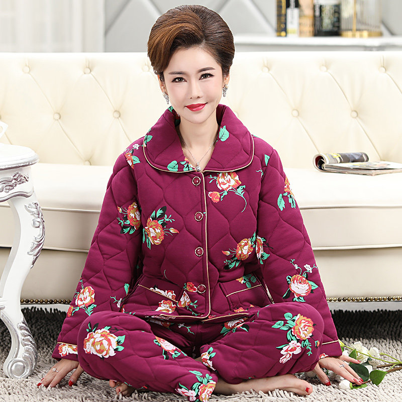 秋冬季睡衣女中老年纯棉三层夹棉长袖加厚加棉保暖棉袄妈妈家居服