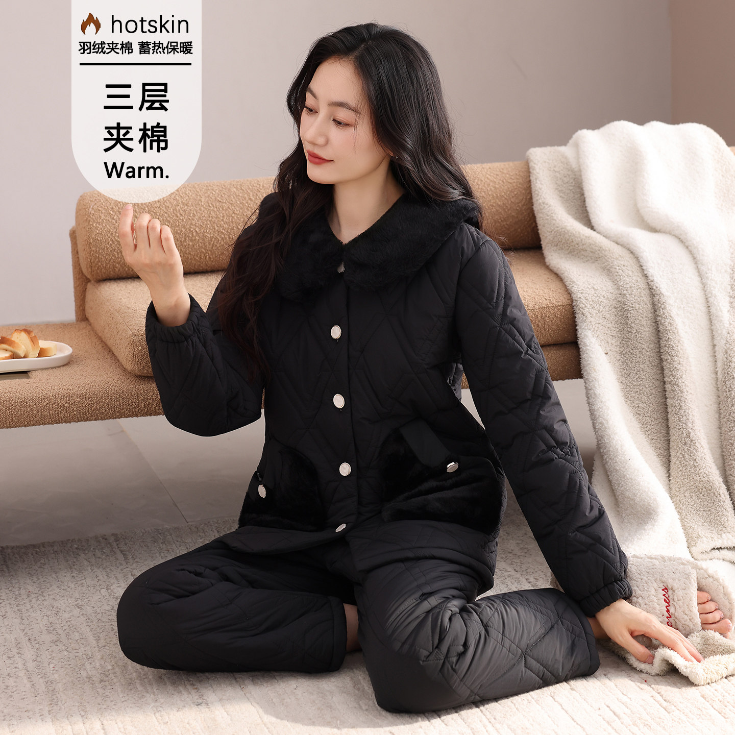冬季女羽绒三层夹棉棉袄保暖睡衣