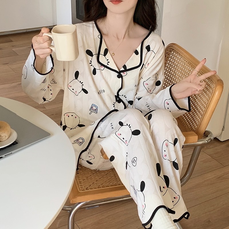 秋季女生睡衣甜美可爱卡通长袖长裤开衫翻领睡裤帕恰狗家居服套装