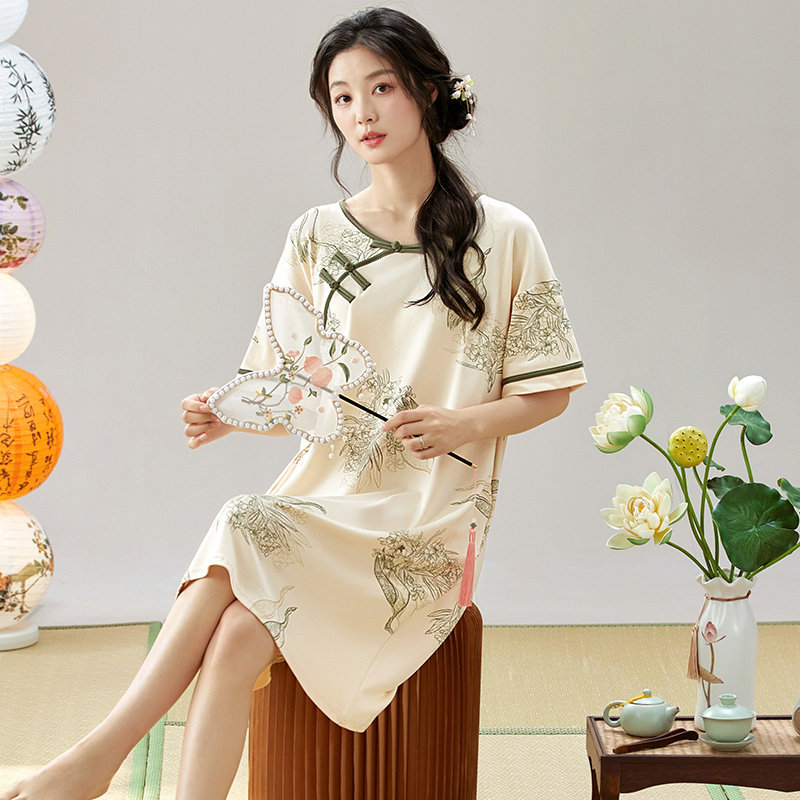 纯棉睡裙夏季女款2026新款中式国风短袖夏天薄款长款家居服连衣裙