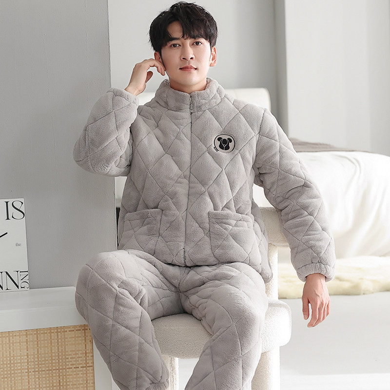 睡衣男冬季加厚加绒三层夹棉保暖珊瑚绒秋冬款男士家居服拉链套装