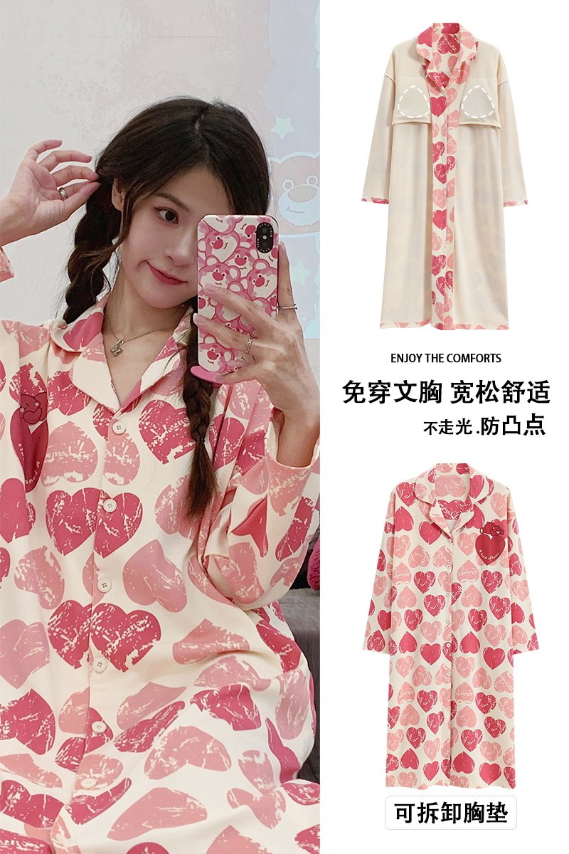 女士家居服全棉甜美可爱连衣裙翻领宽松大码睡裙孕妇纯棉长袖秋季