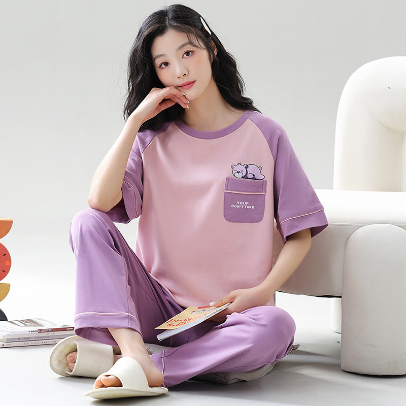 纯棉睡衣女款2026新款夏季圆领短袖长裤夏天可外穿女士家居服套装