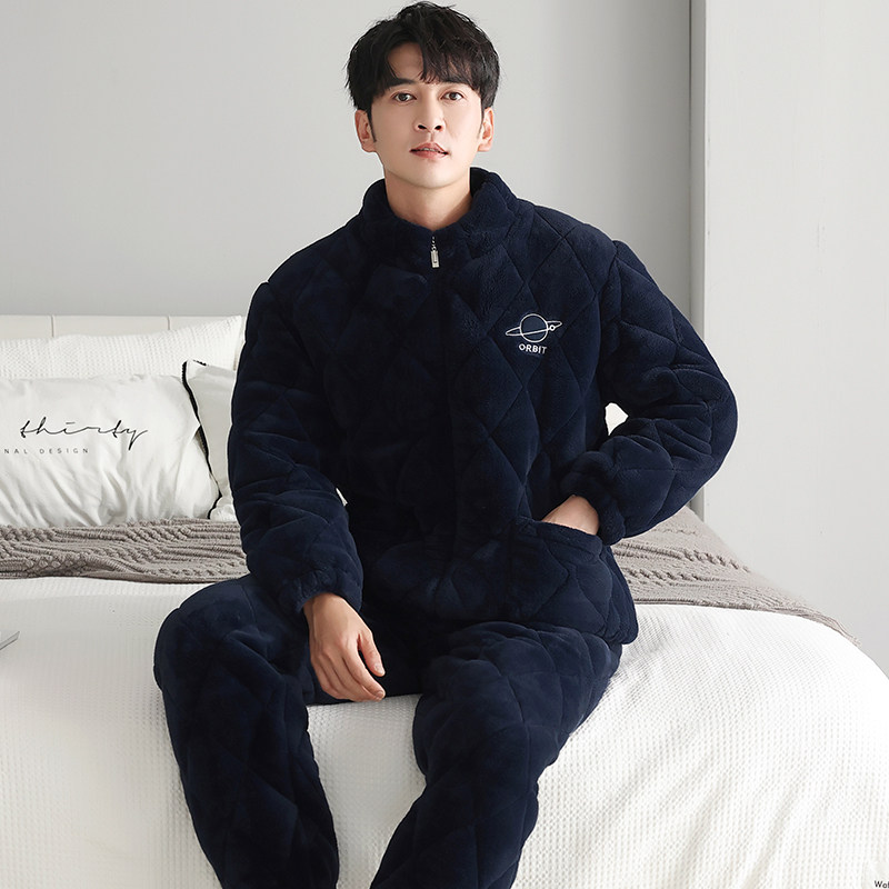 冬季珊瑚绒睡衣男三层夹棉加厚加绒保暖立领家居服超厚加大码套装