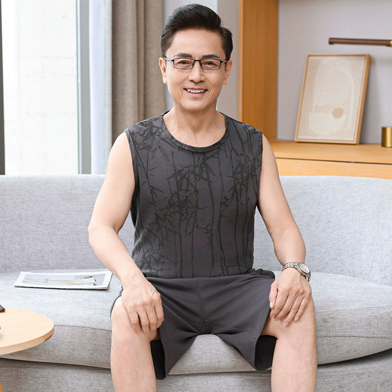 中老年人背心睡衣男士无袖短裤夏季薄款大码爸爸纯棉可外穿家居服