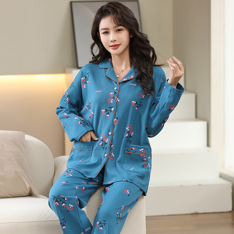 睡衣女款2026新款春款纯棉长袖开衫中年妈妈休闲可外穿家居服套装