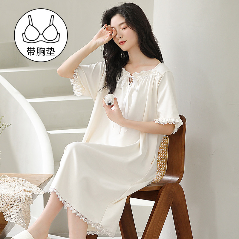 白色睡裙女带胸垫纯棉短袖连衣裙