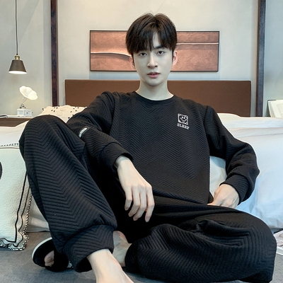 空气棉睡衣男款秋冬季加厚纯棉夹层夹棉长袖圆领大码可外穿家居服