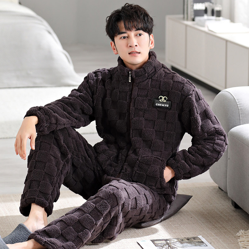 2026新款男睡衣秋冬季加厚加绒珊瑚绒保暖冬款拉链立领家居服套装