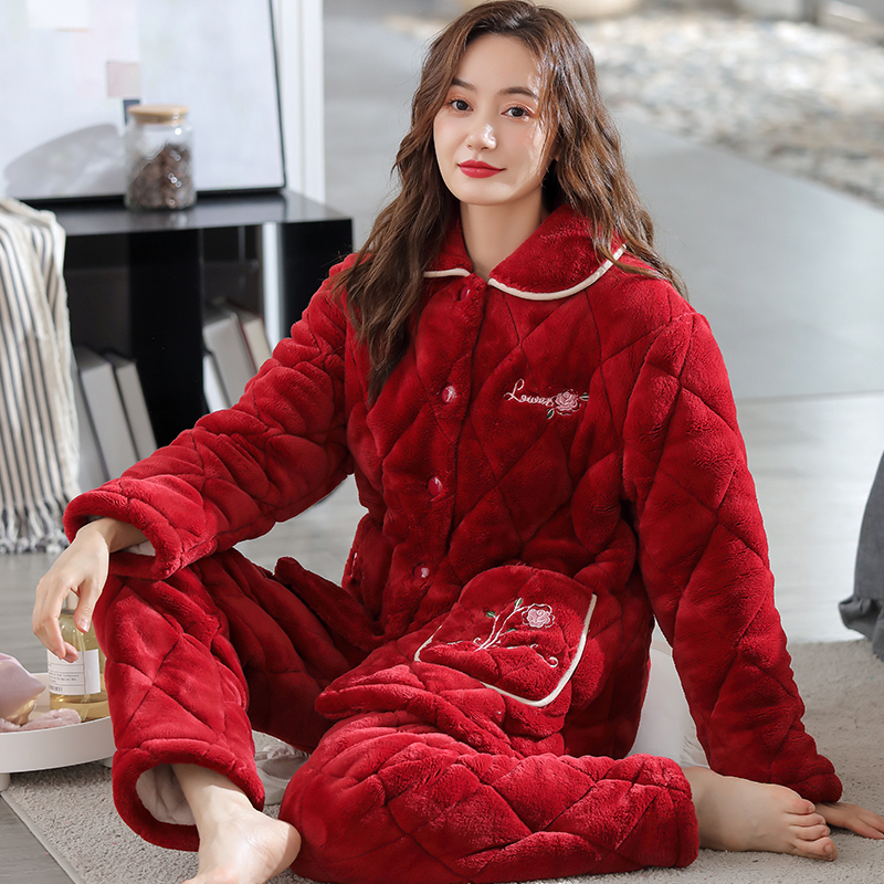 睡衣女三层夹棉袄珊瑚绒红色加绒加厚保暖法兰绒冬季款家居服套装