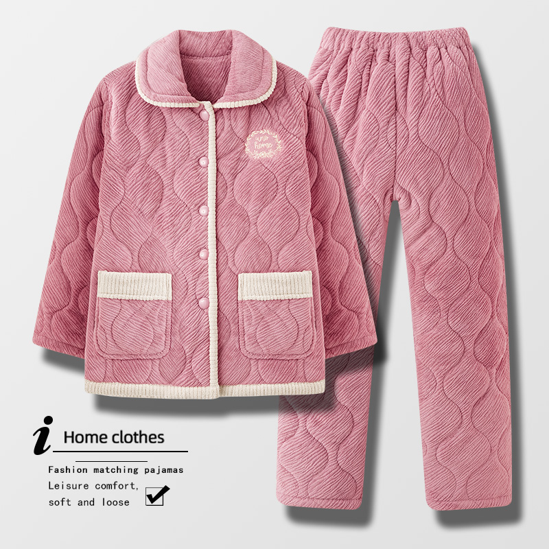 法兰绒睡衣女生冬季三层夹棉珊瑚绒加厚加绒保暖可外穿家居服套装