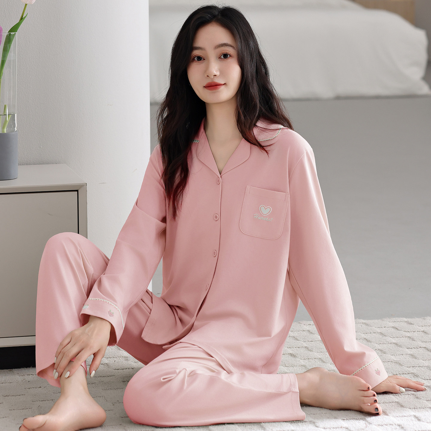睡衣女春秋季纯棉长袖翻领2025新款时尚简约开衫秋冬款家居服套装