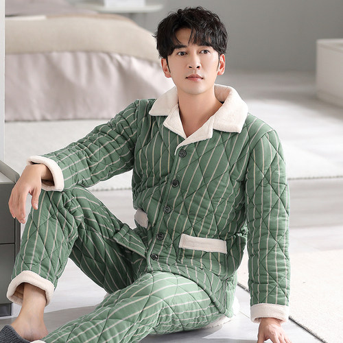 秋冬可外穿三层夹棉保暖睡衣男款