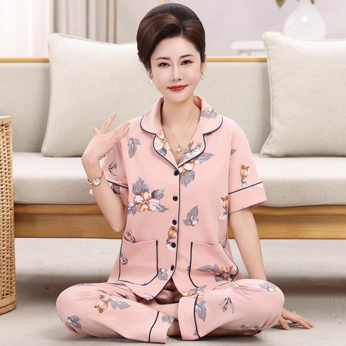 夏季纯棉妈妈短袖长裤可外穿睡衣