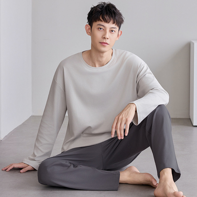 100%纯棉睡衣男春秋夏季圆领长袖