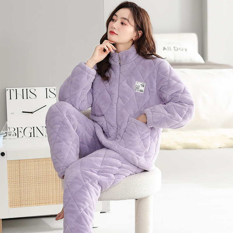 睡衣女款冬季珊瑚绒加厚加绒三层夹棉保暖可外穿拉链款家居服套装