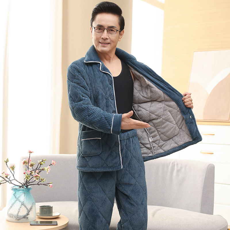 夹棉睡衣男士中老年人三层加厚中年爸爸珊瑚绒加绒保暖家居服套装