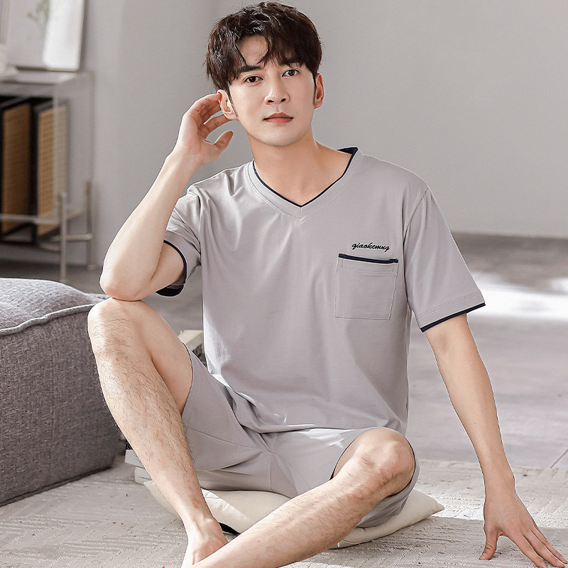 男士睡衣夏季莫代尔短袖短裤男纯色宽松休闲薄款夏天家居服两件套