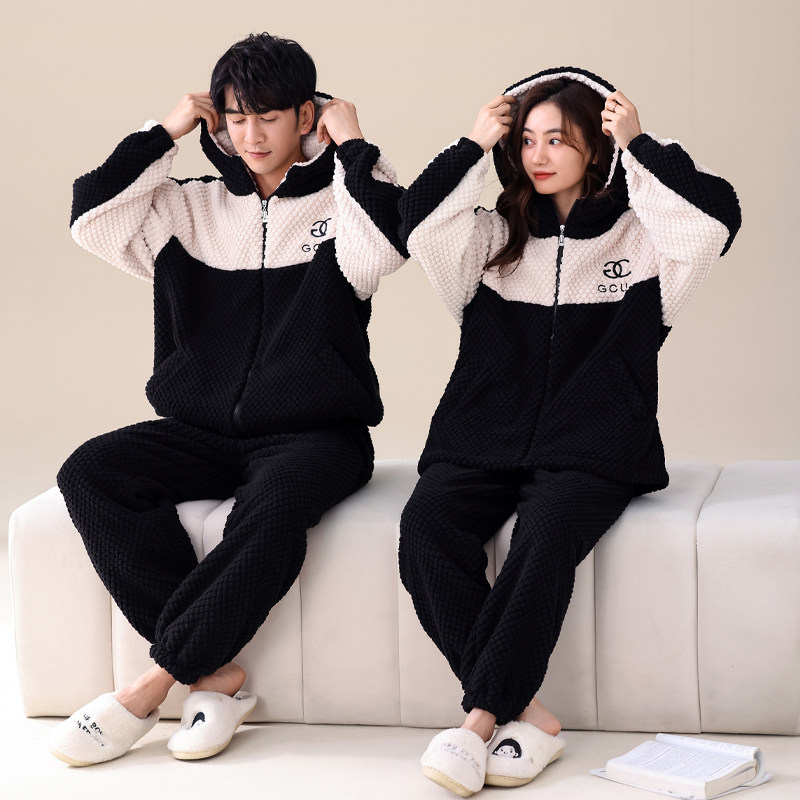 情侣家居服冬季珊瑚绒加厚加绒保暖长袖开衫拉链宽松休闲睡衣套装
