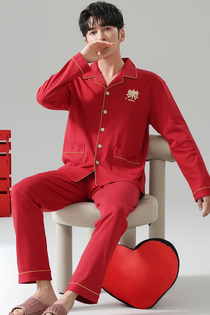 睡衣男春秋季纯棉长袖开衫大红色本命年结婚大码家居服套装2014年
