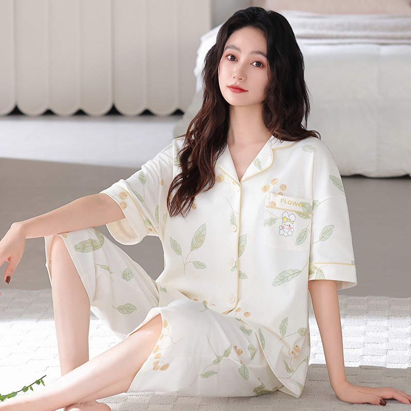中年妈妈睡衣女士加大码短袖七分裤夏季新款高级感家居服纯棉套装