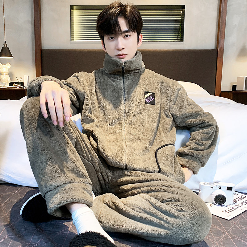 珊瑚绒睡衣男款冬季法兰绒秋冬款拉链高领毛绒家居服套装2026新款