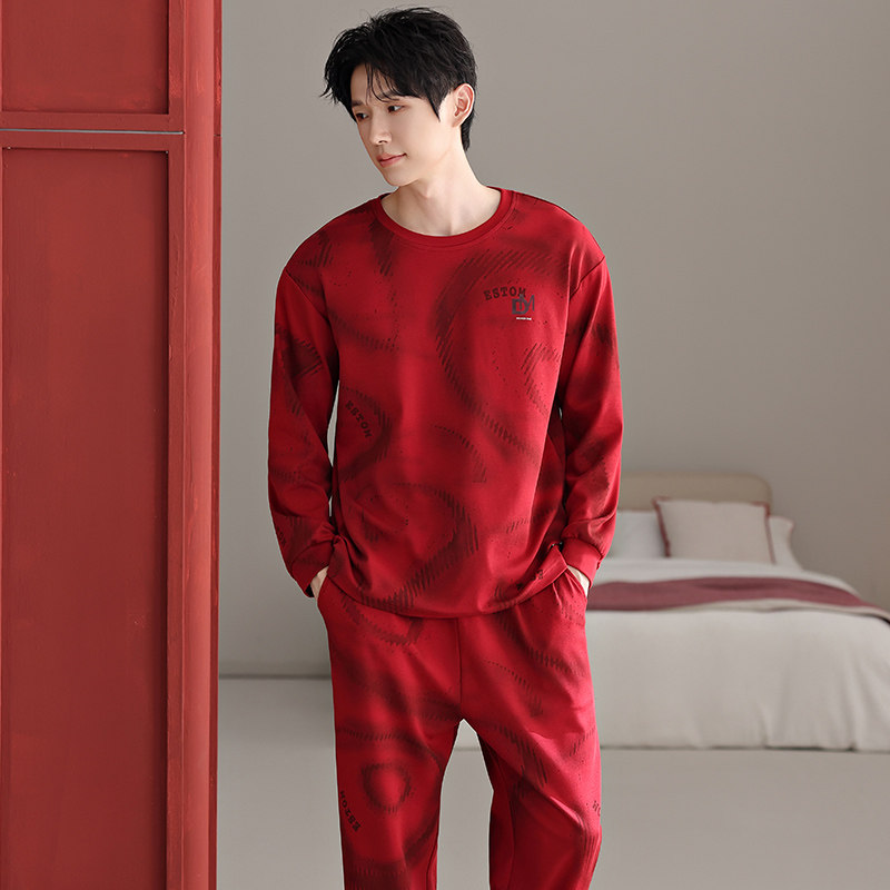 红色纯棉睡衣男春秋季长袖2026新款中青年本命年新年红家居服套装