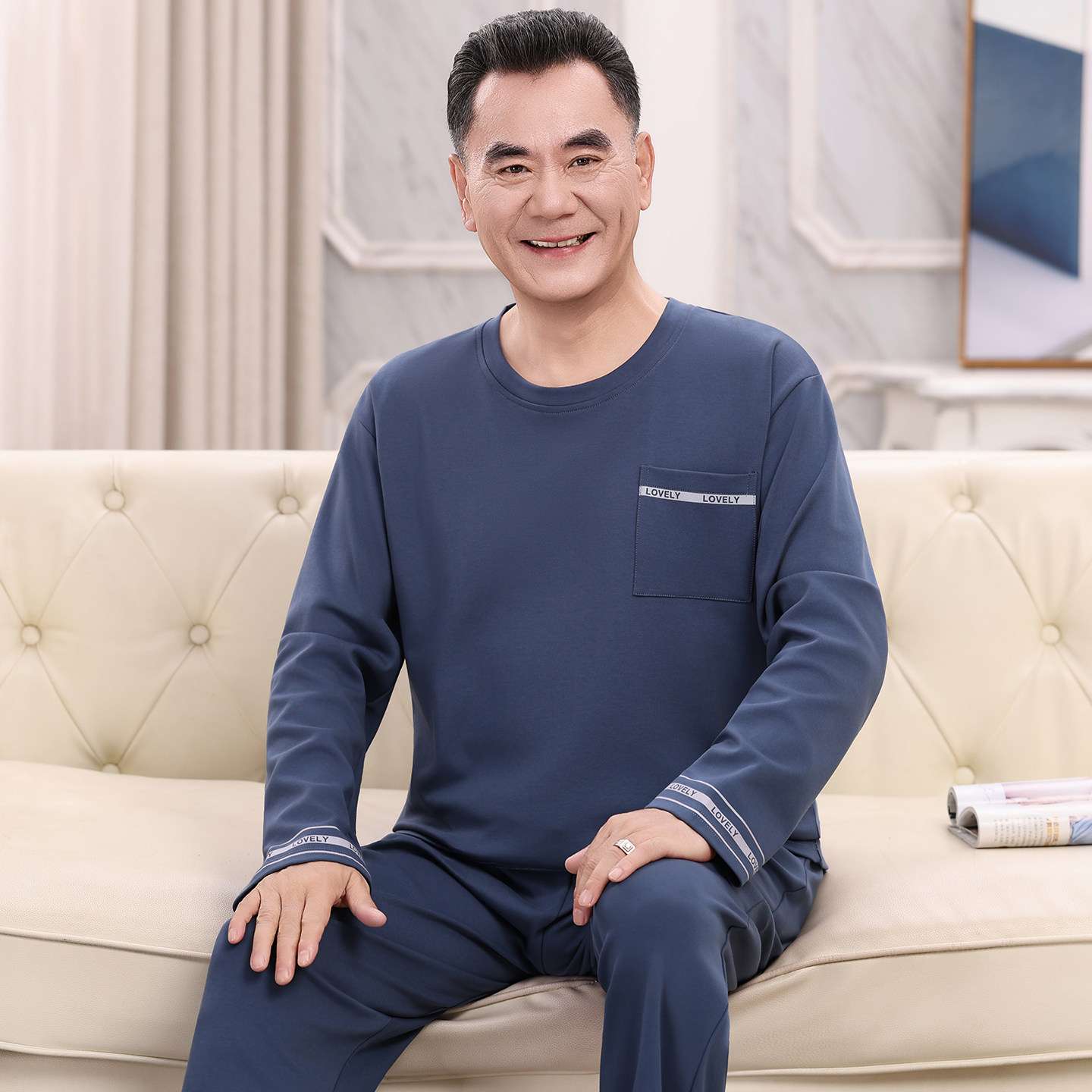 男士纯棉可外穿中老年睡衣套装