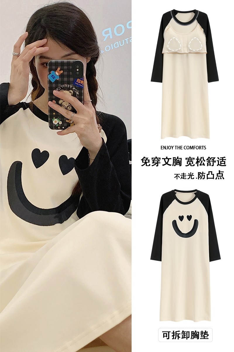 睡裙带胸垫纯棉长袖秋季新款少女睡衣全棉家居服甜美可爱卡通外穿