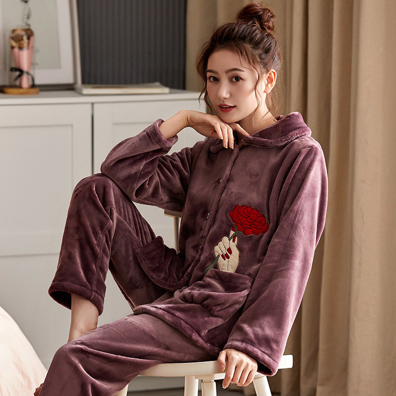 2023年秋冬季女睡衣珊瑚绒加厚加绒长袖开衫法兰绒保暖家居服套装