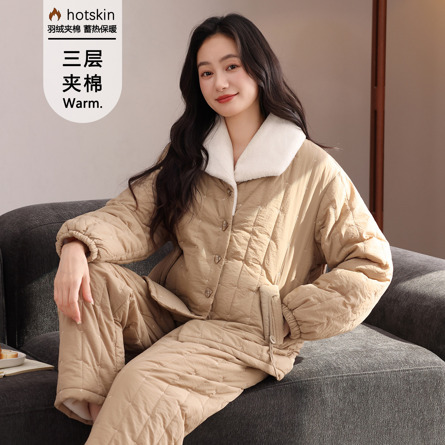 冬季羽绒三层夹棉妈妈棉袄家居服
