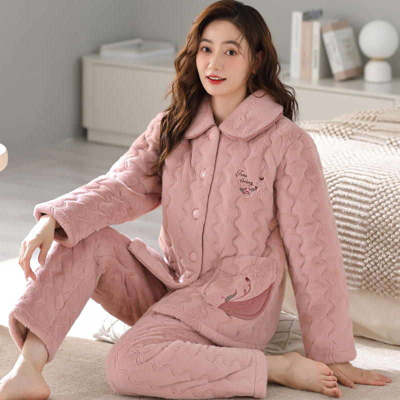 秋冬季睡衣女三层夹棉袄珊瑚绒翻领加绒加厚保暖法兰绒家居服套装