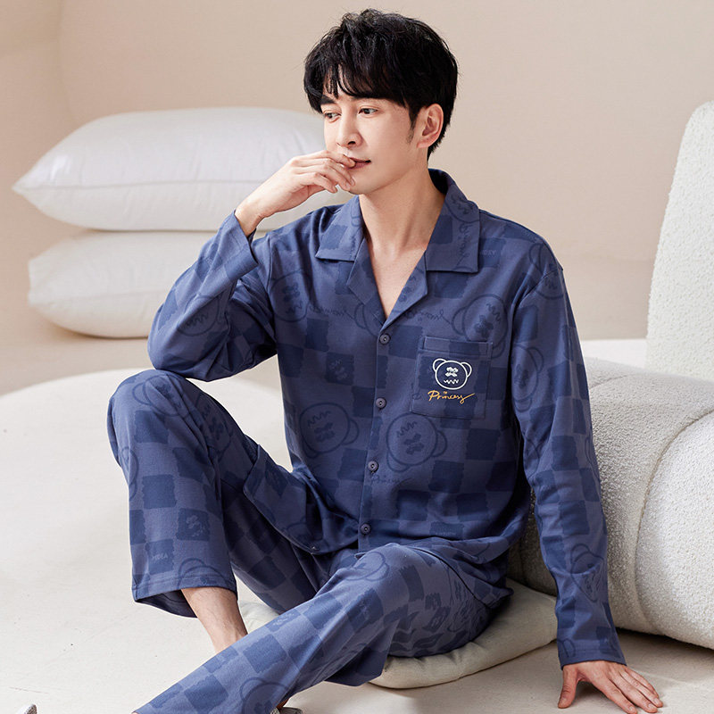 睡衣男纯棉春秋季开衫爸爸家居服