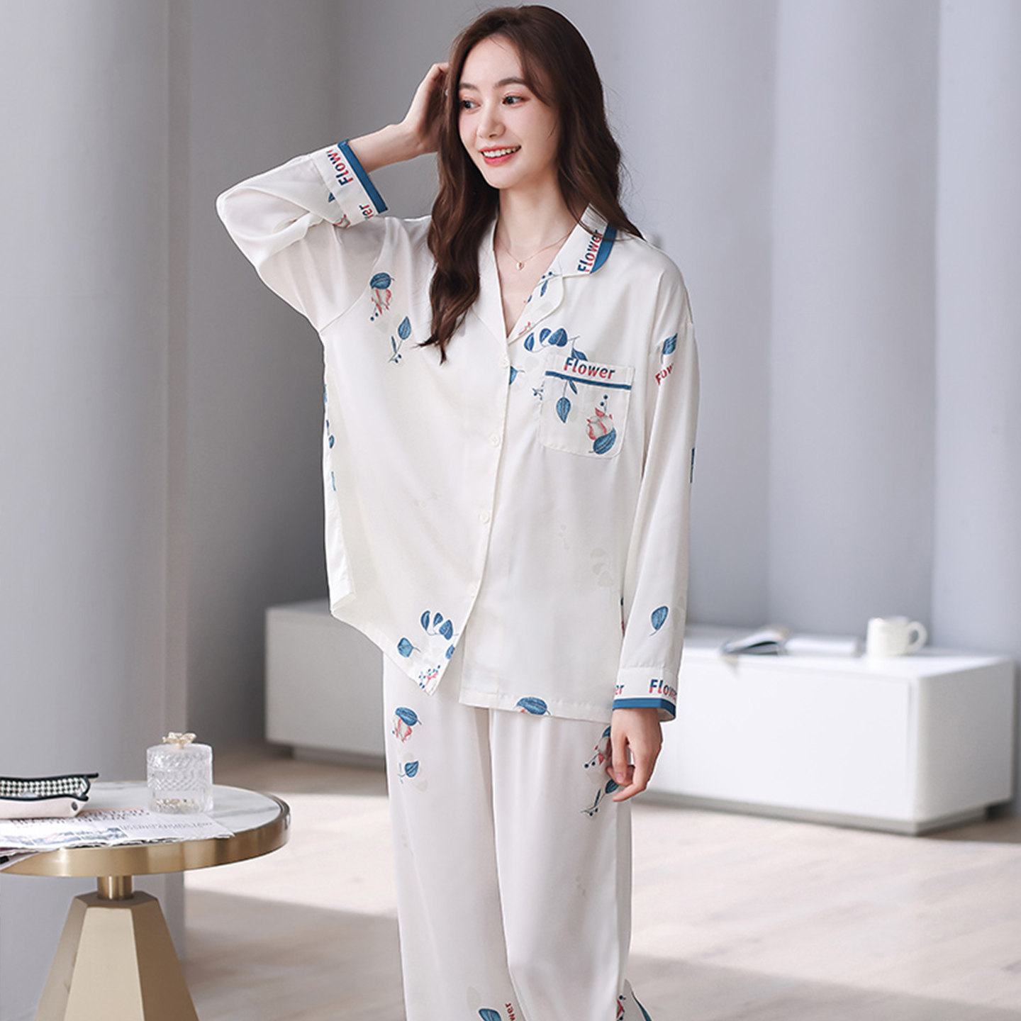 冰丝睡衣女款春秋季妈妈中年大码家居服套装可外穿长袖薄款宽松