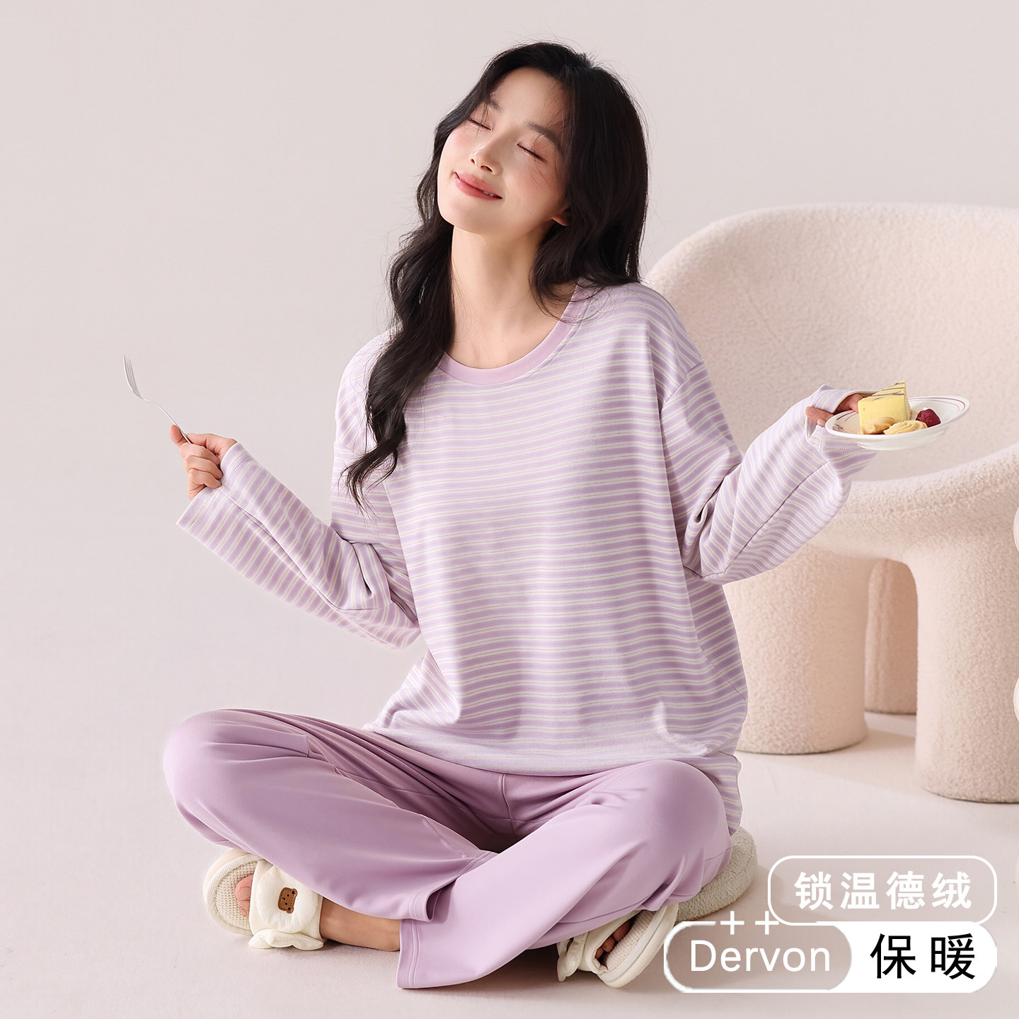 德绒妈妈保暖冬季薄绒圆领家居服