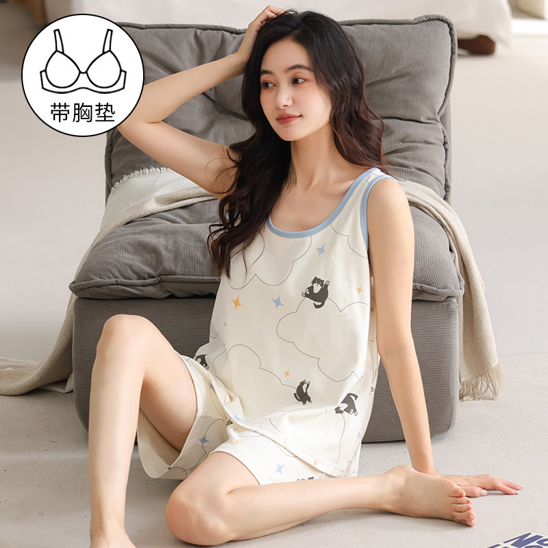 带胸垫睡衣女夏纯棉加大码背心短裤夏季妈妈全棉宽松家居服可外穿