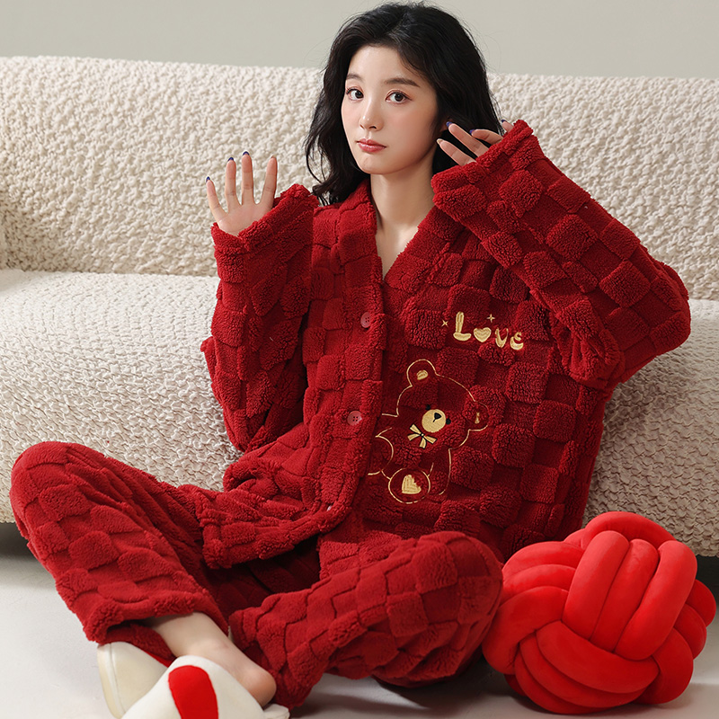 法兰绒睡衣女秋款2023新款结婚新婚套装翻领珊瑚绒红色家居服套装