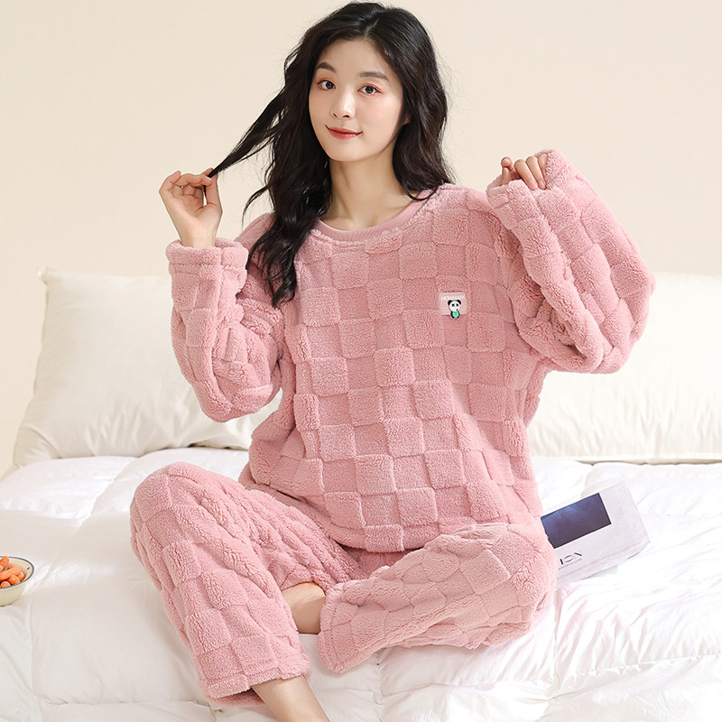 秋冬珊瑚绒睡衣女长袖圆领套头法兰绒保暖冬天家居服加厚加绒套装