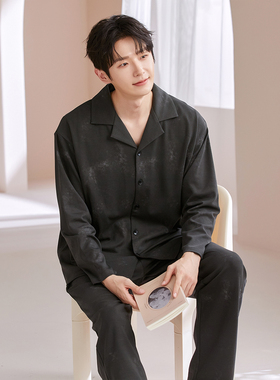 男士衬衫领睡衣春秋拉架棉长袖外穿家居服套装黑色中青年爸爸睡衣