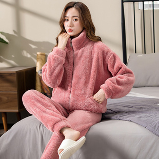 法兰绒保暖家居服套装 睡衣女士秋冬季 冬款 大码 加绒加厚珊瑚绒长袖