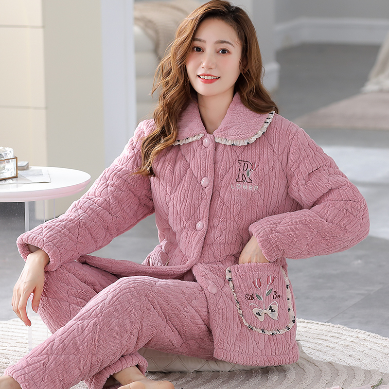 三层夹棉睡衣女款冬季珊瑚绒加厚加绒保暖加棉冬天超厚家居服套装