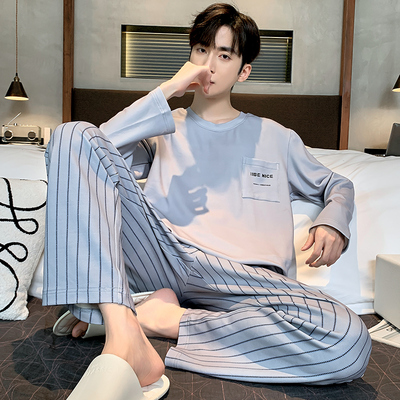 男款睡衣男士春秋款秋季纯棉长袖圆领家居服男式秋冬季可外穿套装