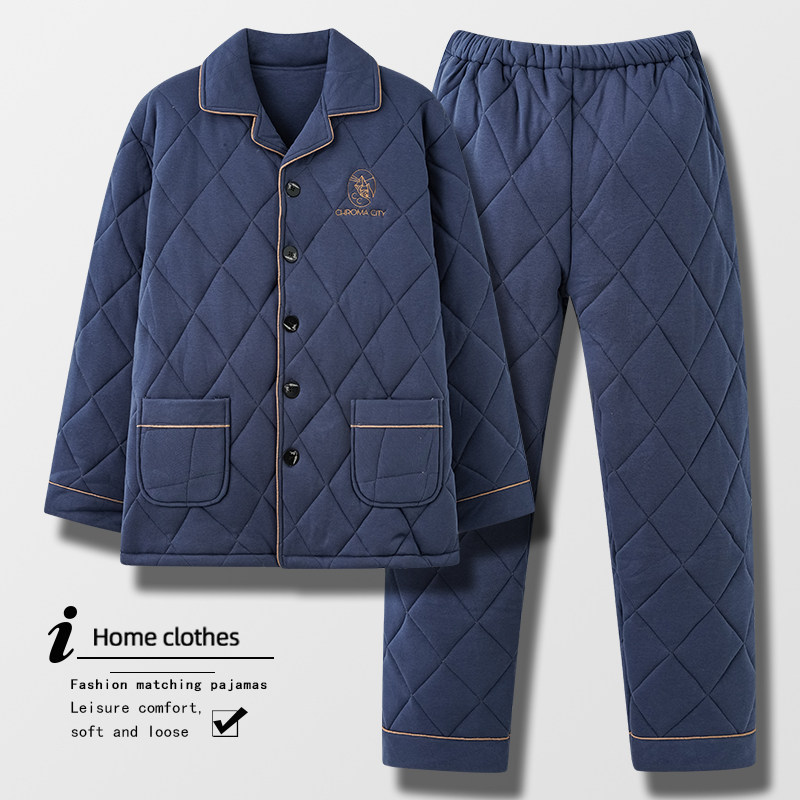 睡衣男冬季针织纯棉加厚加绒三层夹棉超厚款可外穿冬天家居服套装