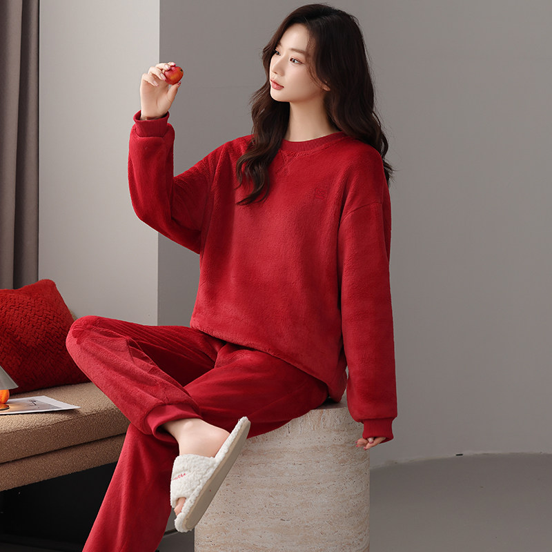 喜庆结婚睡衣女婚嫁冬季保暖加厚红色家居服套装法兰绒本命年外穿